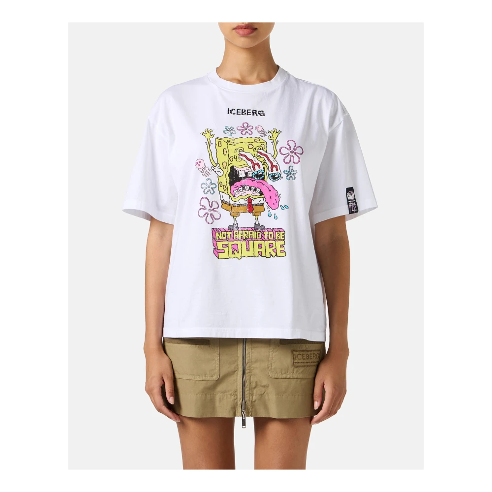 Iceberg Wit katoenen T-shirt met mix van prints en Spongebob patches White Dames