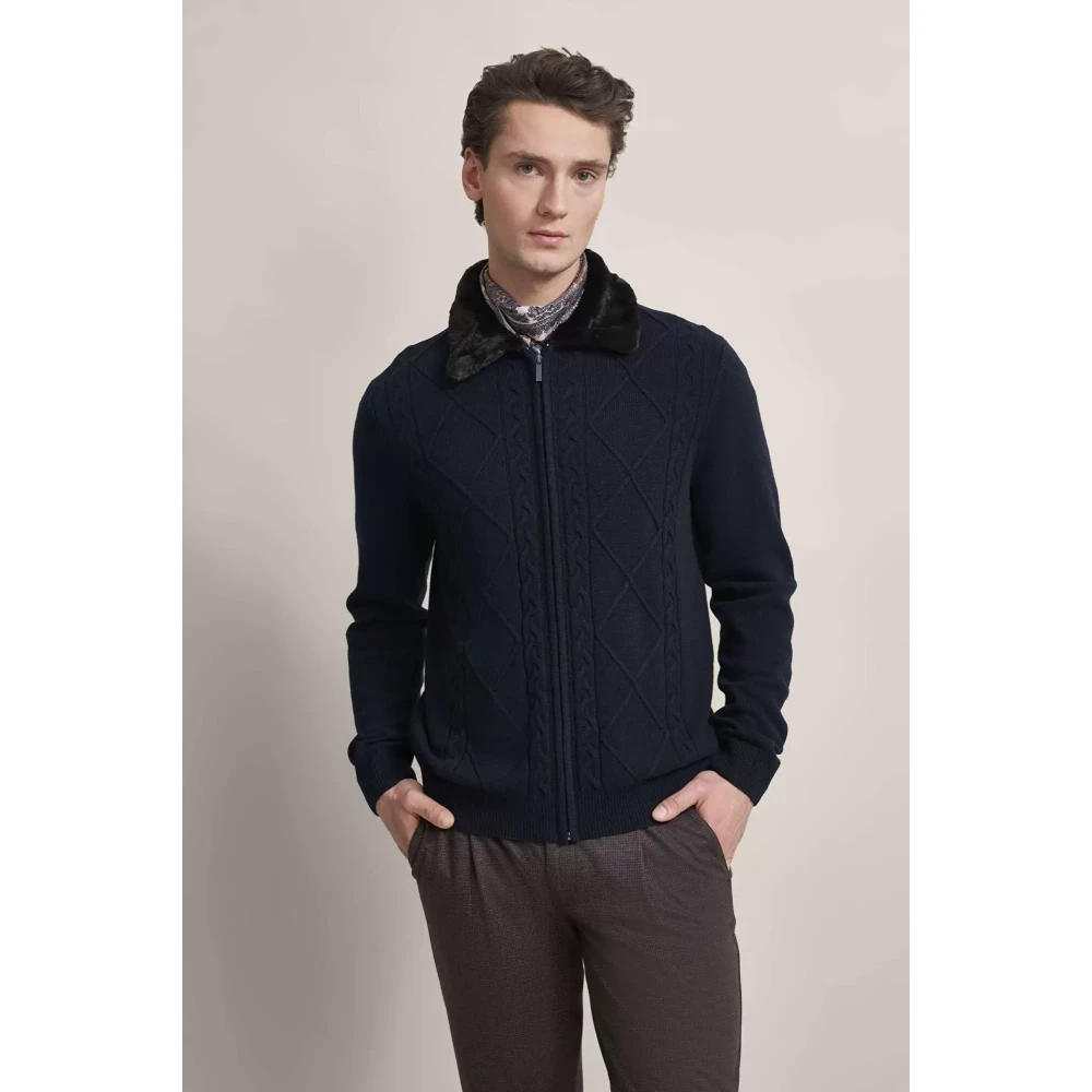 Bugatti Blauwe wollen blend jas met nepbont kraag Black Heren