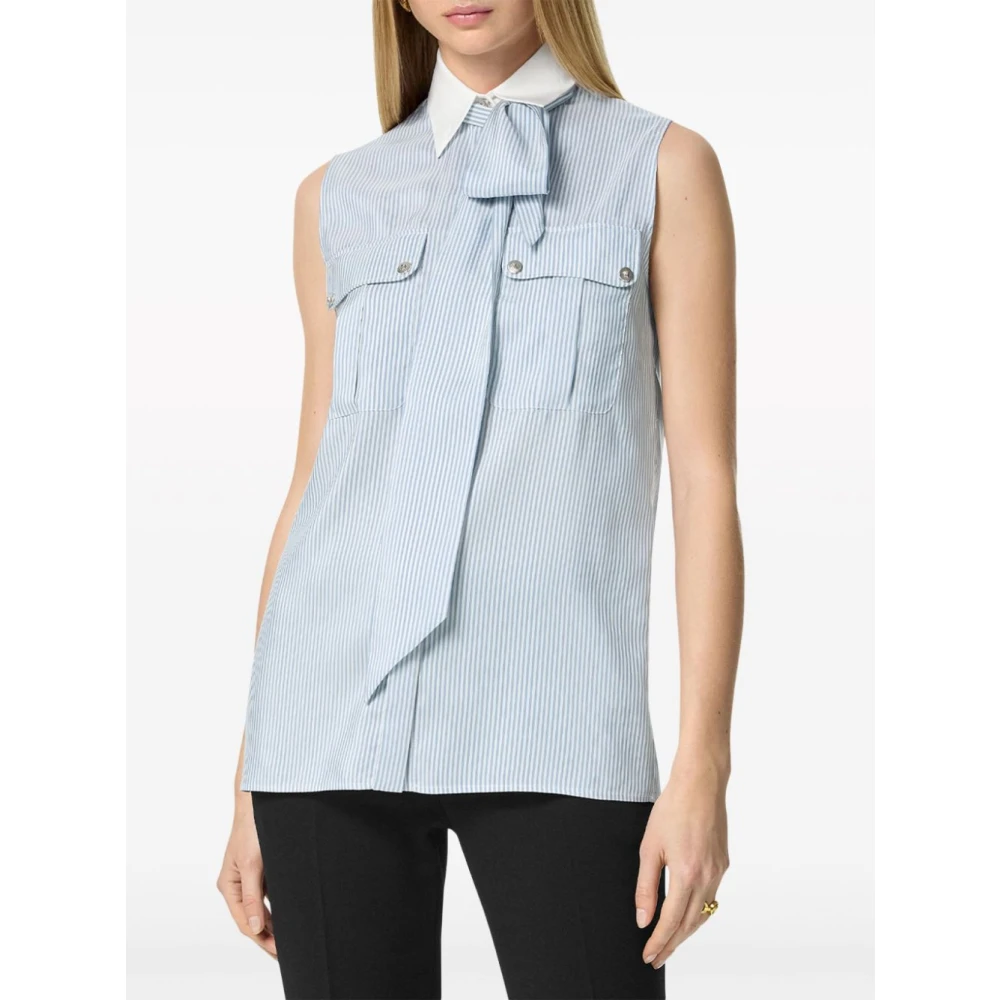 Versace Zijden Gestreepte Shirt Celeste E Bianco Blue Dames