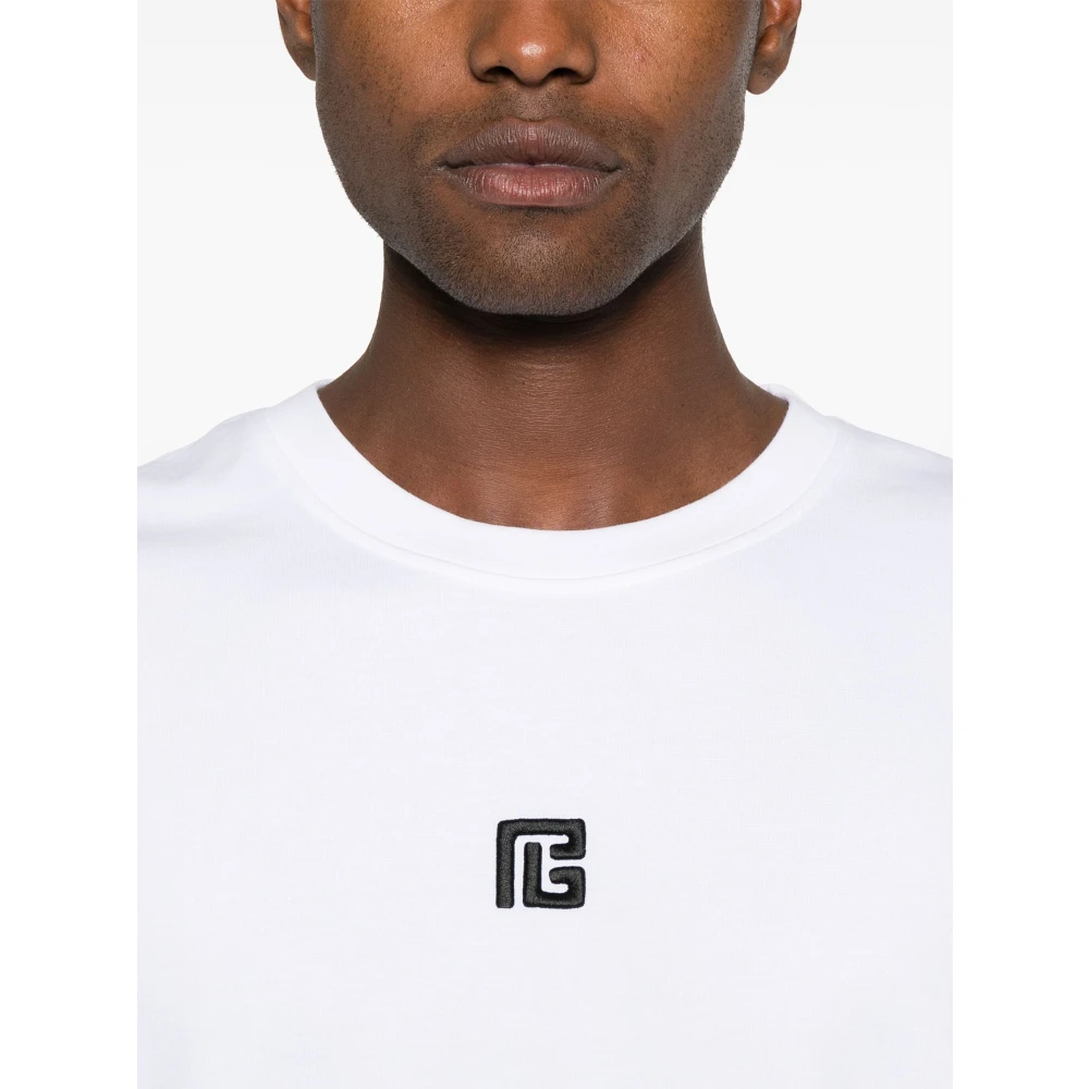 Balmain Wit PB Logo Geborduurd T-Shirt White Heren