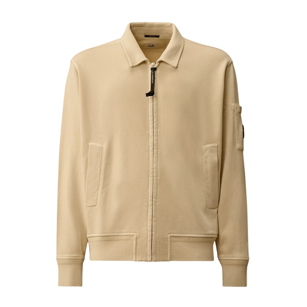 C.p. Company Beige Cotton Diagonal Fleece Zip Lens Sweatshirt - Male - Light Jackets - 2XL - Jackets