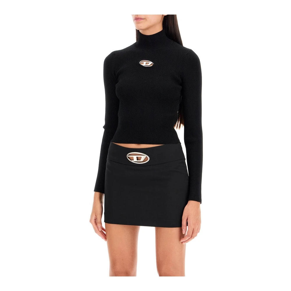 Diesel Geribbeld T-shirt met Lange Mouwen en Oval-D Uitsnede Black Dames