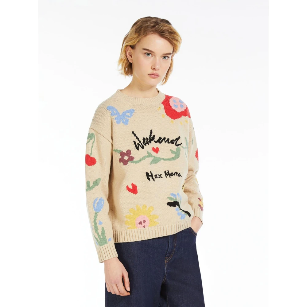 Max Mara Weekend Witte Crew Neck Sweater met Intricate Details Multicolor Dames