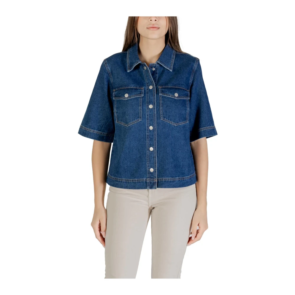 Only Women's Blue Cotton Round Neck Shirt