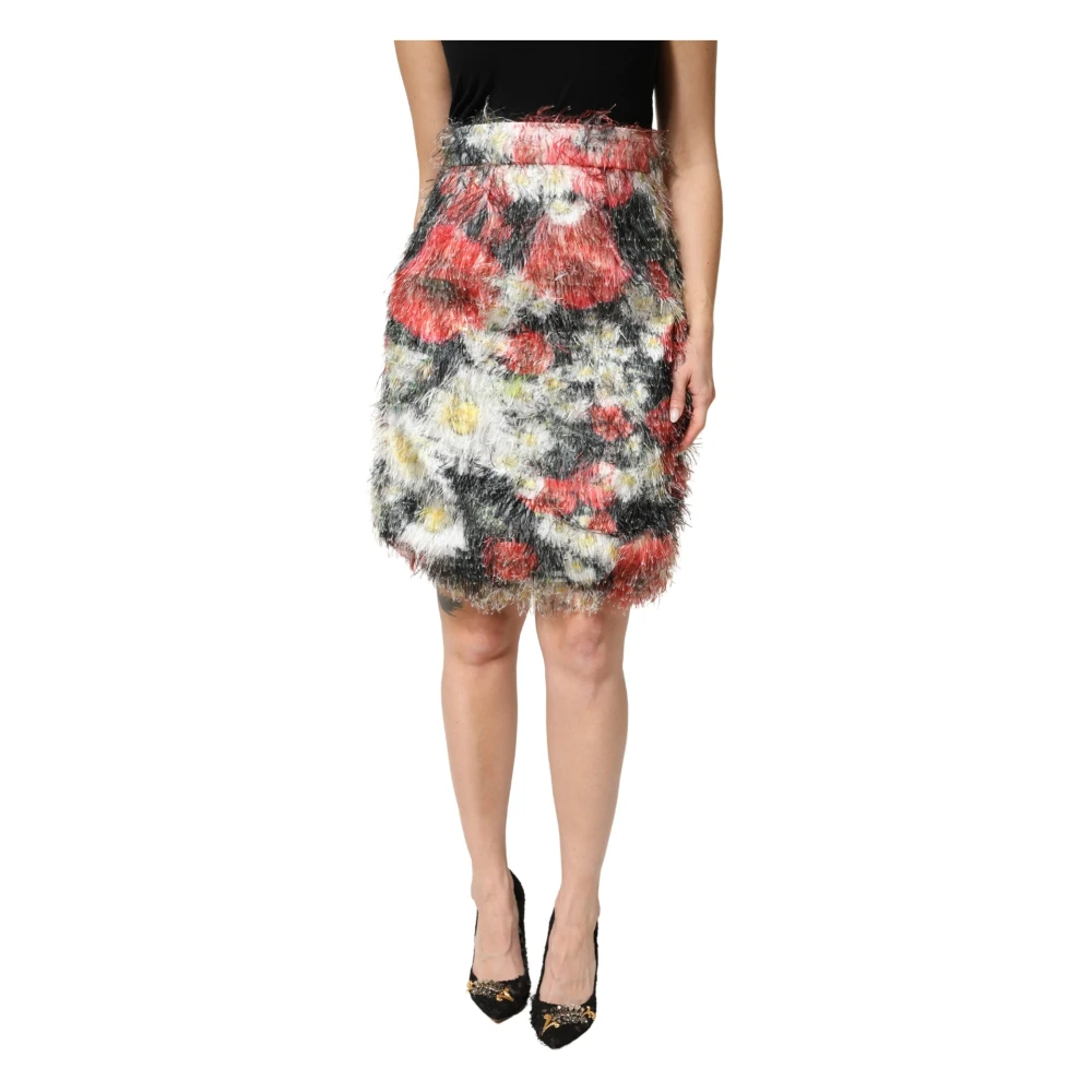 Dolce & Gabbana Women's Multicolor Short Skirts, L, Floral Textured Faux Fur Pencil Skirt