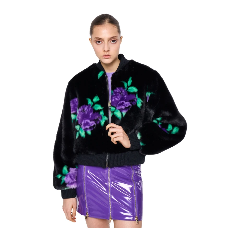 Silvian Heach Bloemen faux fur jas met geribbelde gebreide randen Black Dames