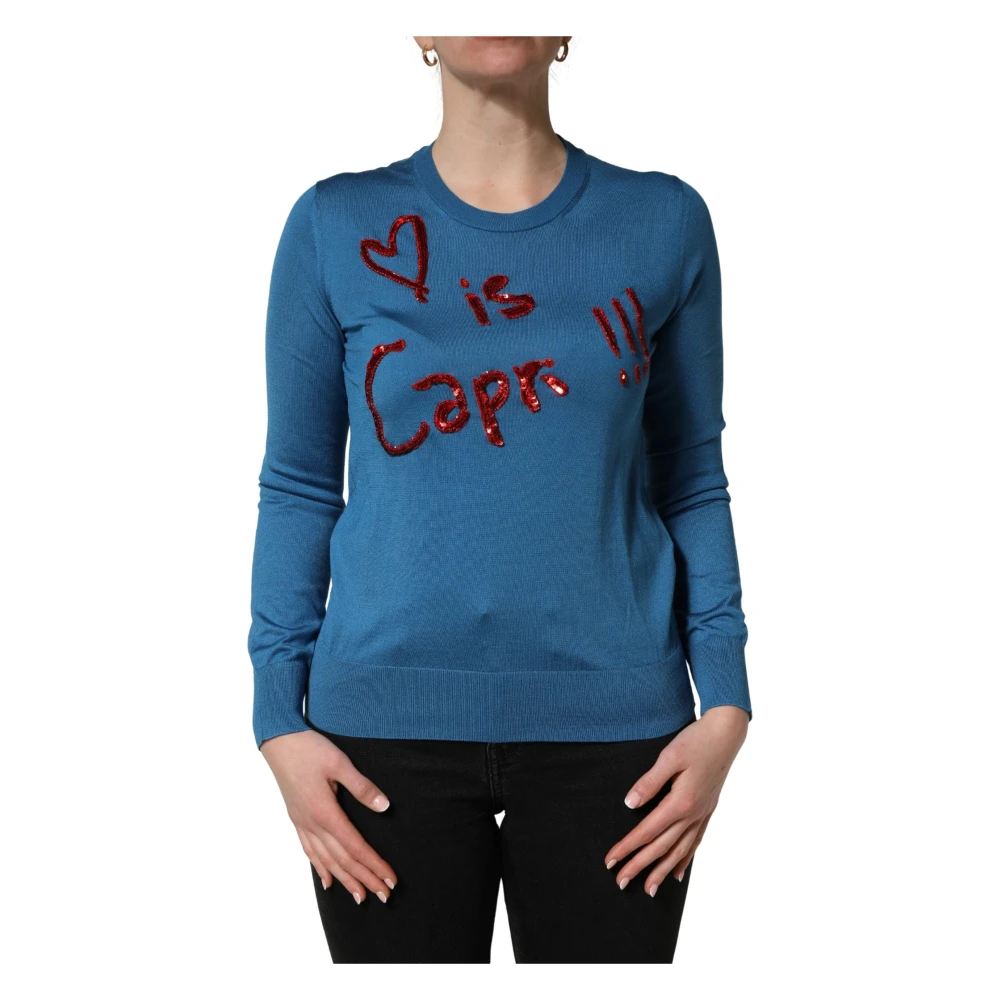Dolce & Gabbana Blue Round-Neck Knitwear, Female, M, Silk Sequined Crew Neck Pullover Jumper