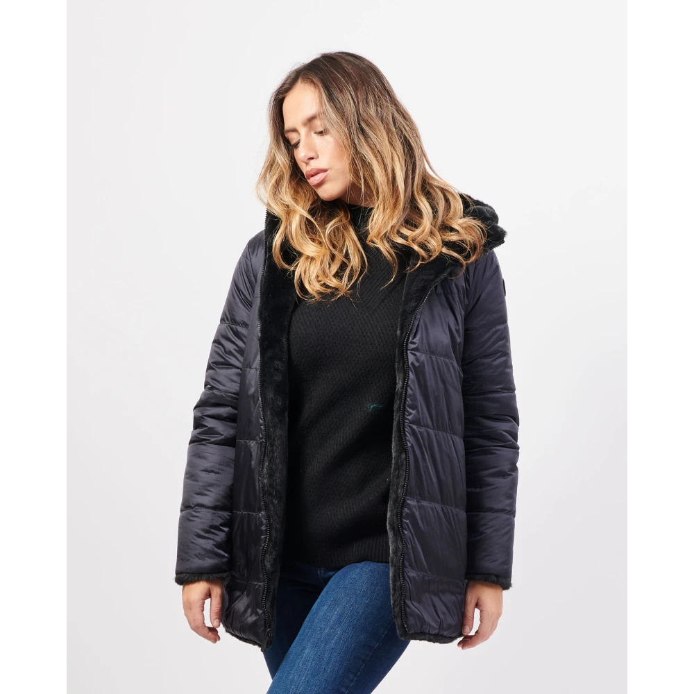 Save The Duck Omkeerbare Lange Jas met Nepbont Black Dames