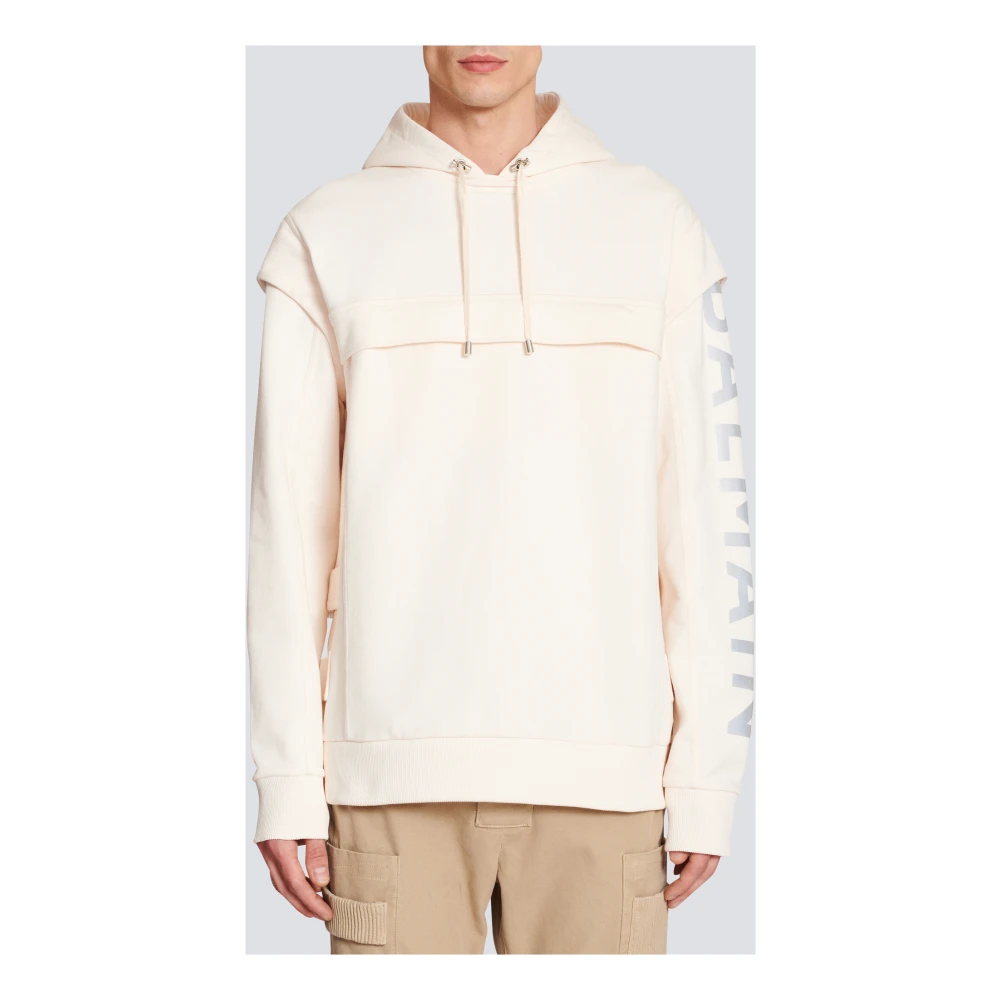 Balmain Katoenen bedrukte logo-hoodie Beige Heren
