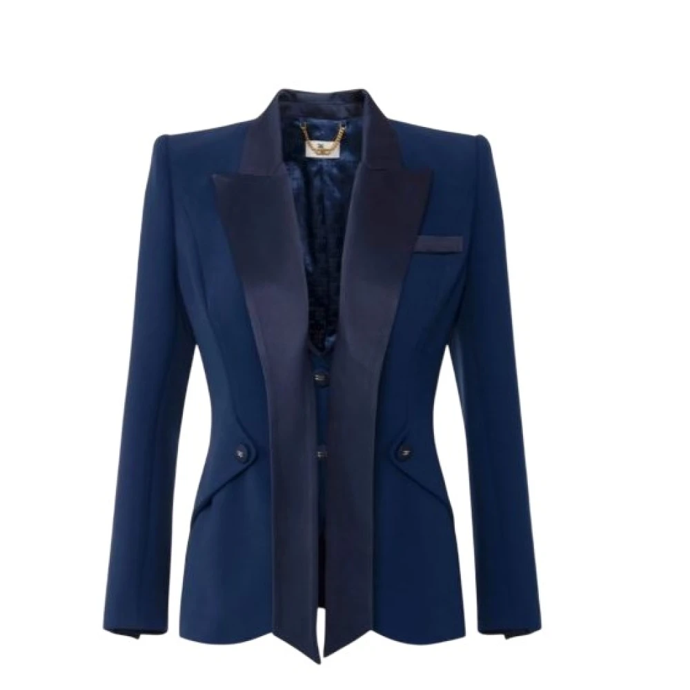 Elisabetta Franchi Blauwe Tuxedo Jas met Glanzende Revers Blue Dames