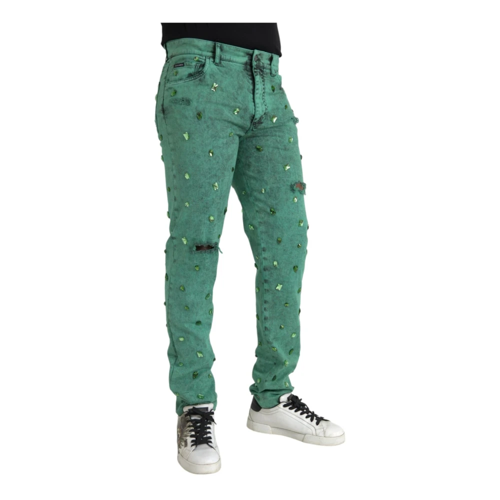 Dolce & Gabbana Kristalversierde Slim Jeans Green Heren