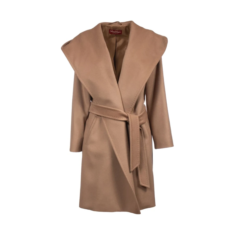 Max Mara Studio Korte wollen wikkeljas met capuchon Brown Dames