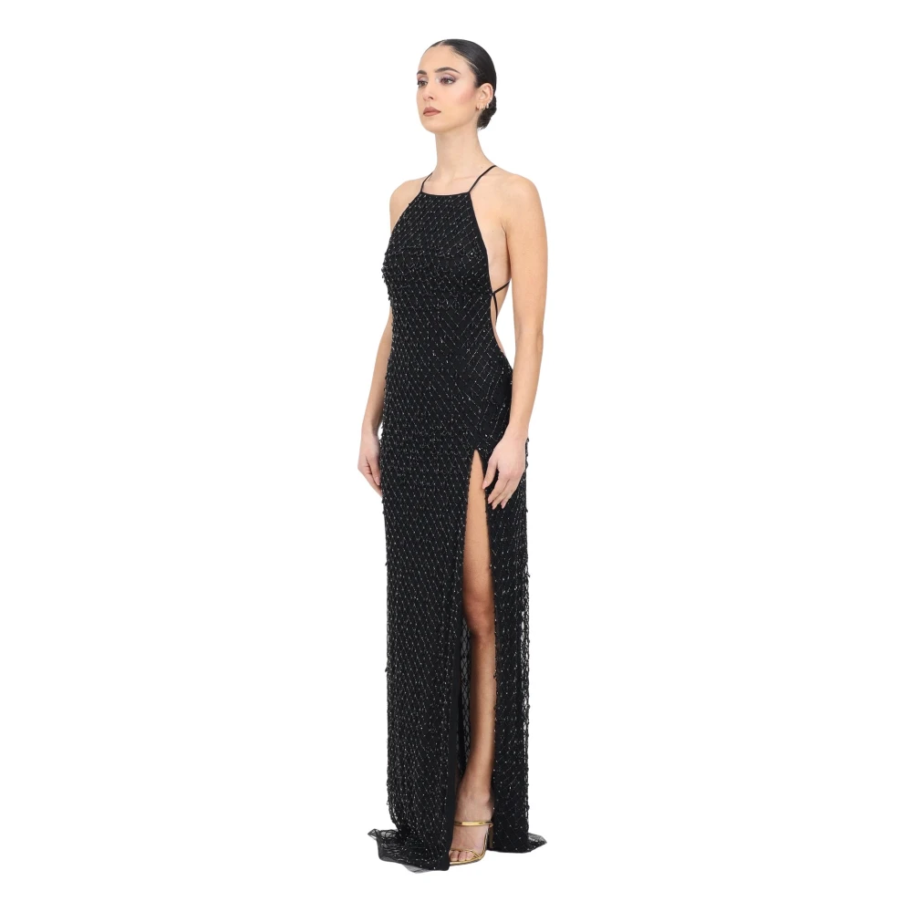 Elisabetta Franchi Zwarte lange jurk met kristaltextuur Black Dames