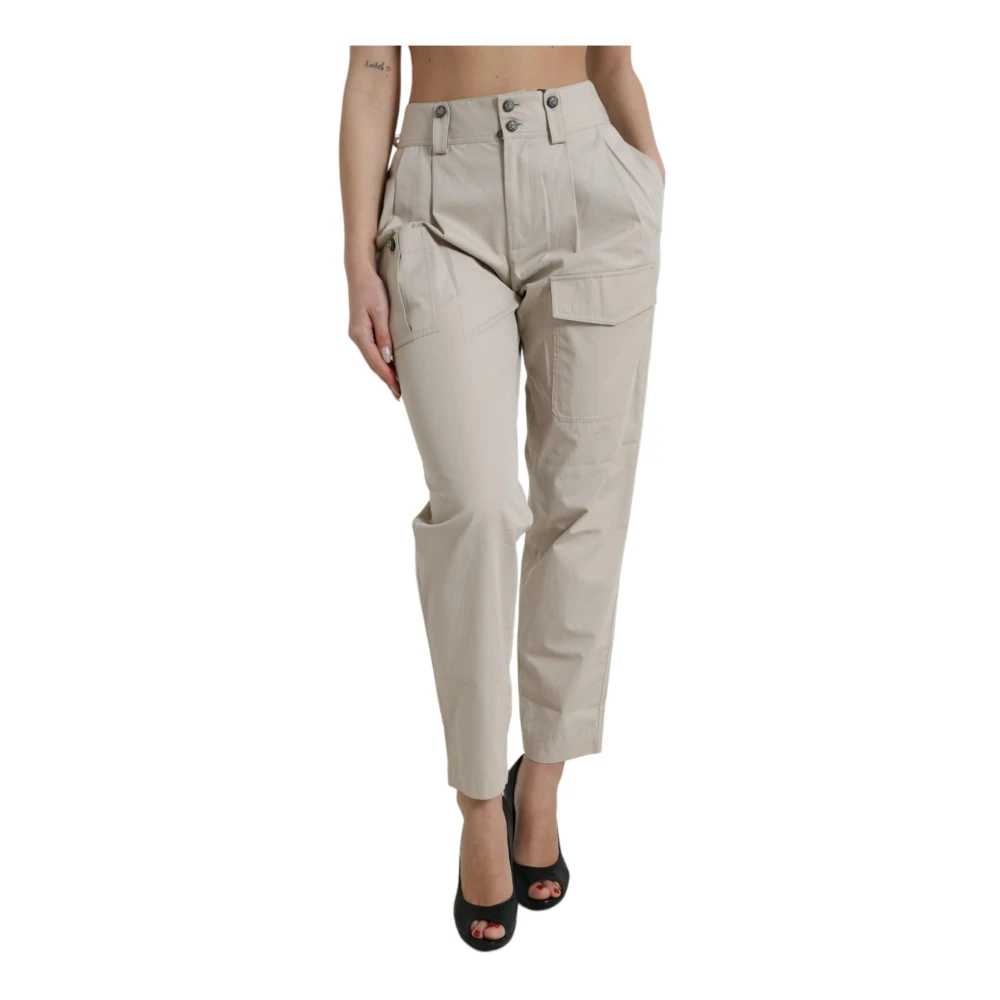 Dolce & Gabbana Women's Beige High Waist Cotton Tapered Trousers - Tapered Trousers - M - Trousers