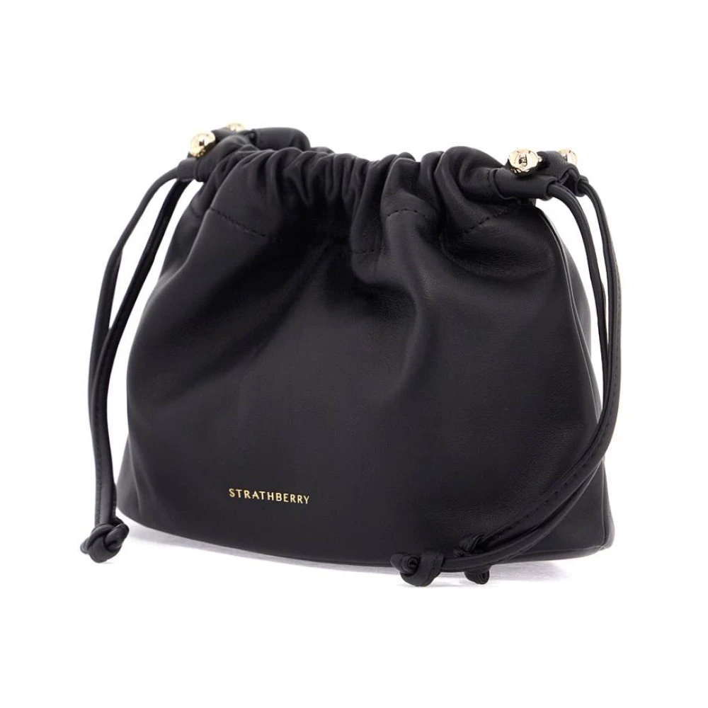 Strathberry Zwarte lamsvacht emmer tas met trekkoord Black Dames