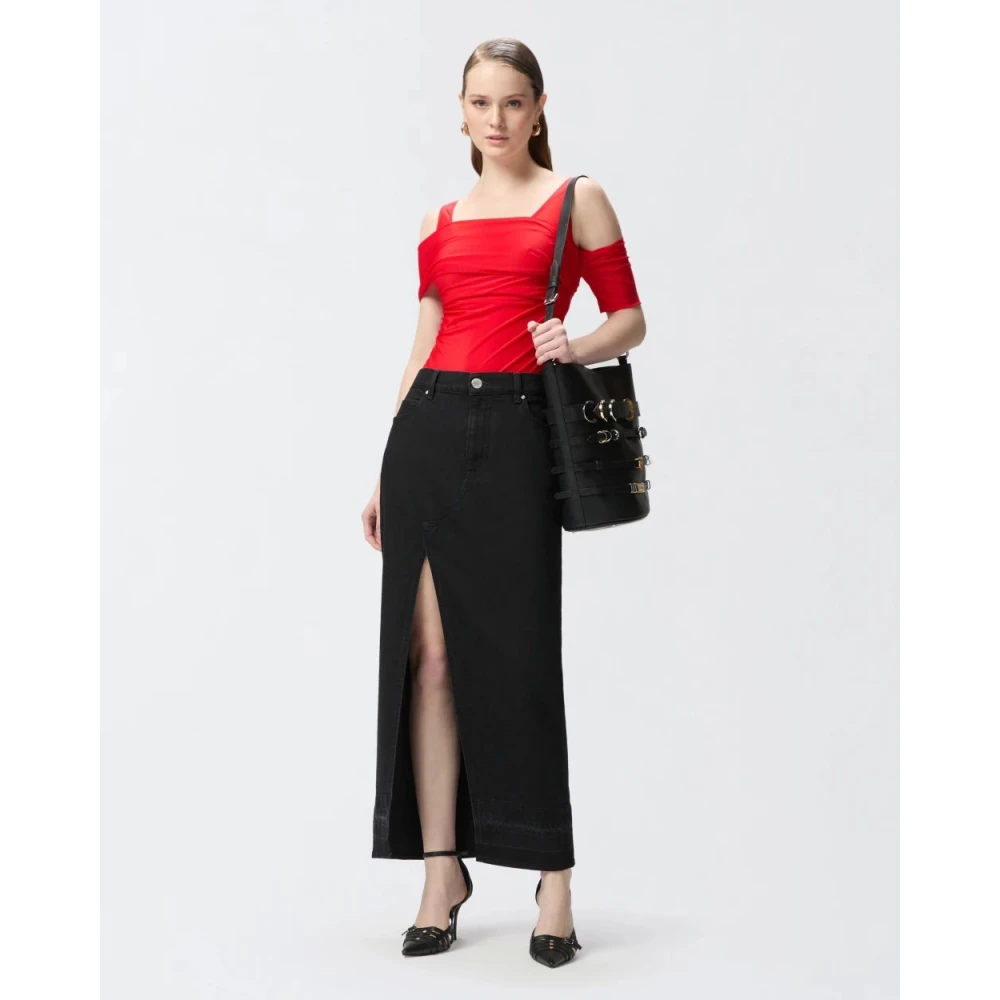 pinko Zwarte Denim Maxi Rok met Voor Split Black Dames