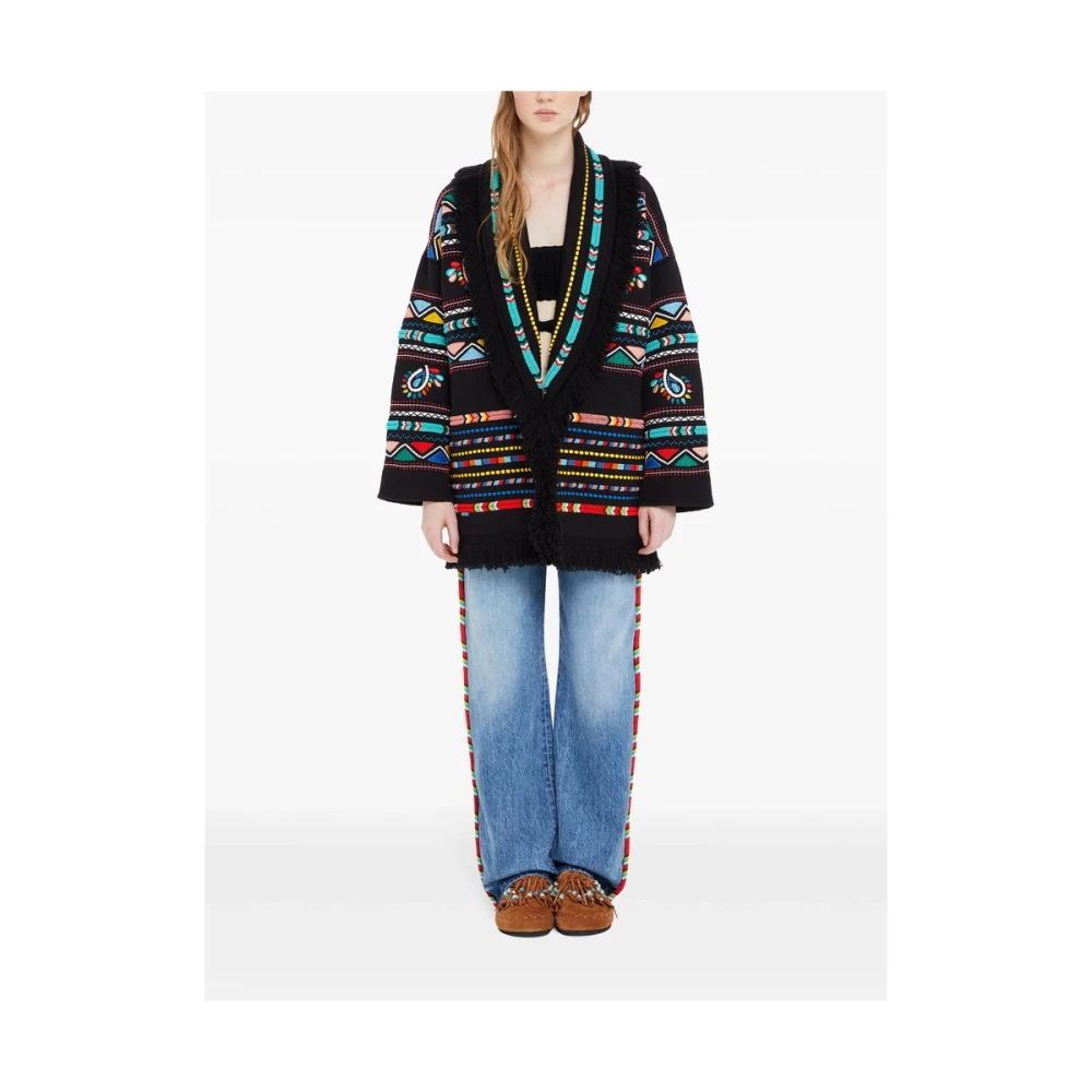 Alanui Zwarte Shawl Revers Trui met Franjes Multicolor Dames