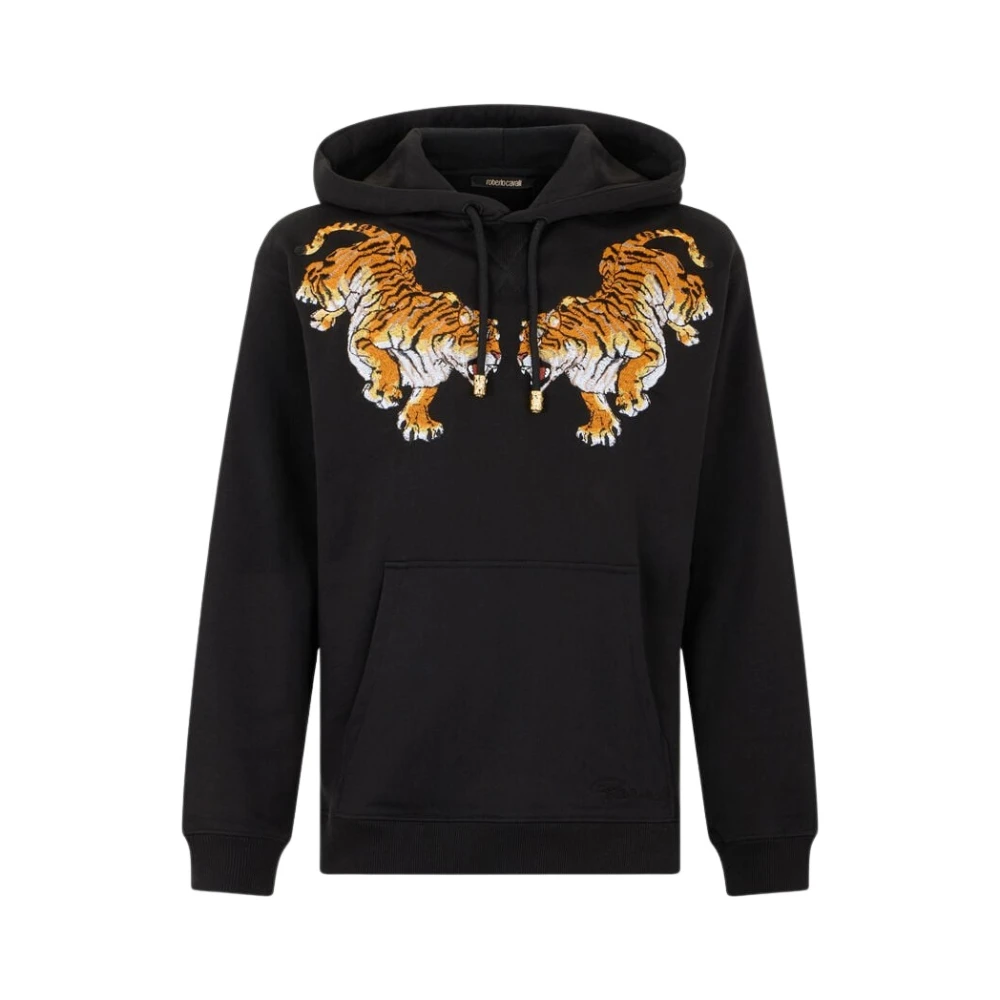 Roberto Cavalli Black Hooded Sweatshirt With Tiger Embroidery - Male - Hoodies - M - Sweatshirts & Hoodies