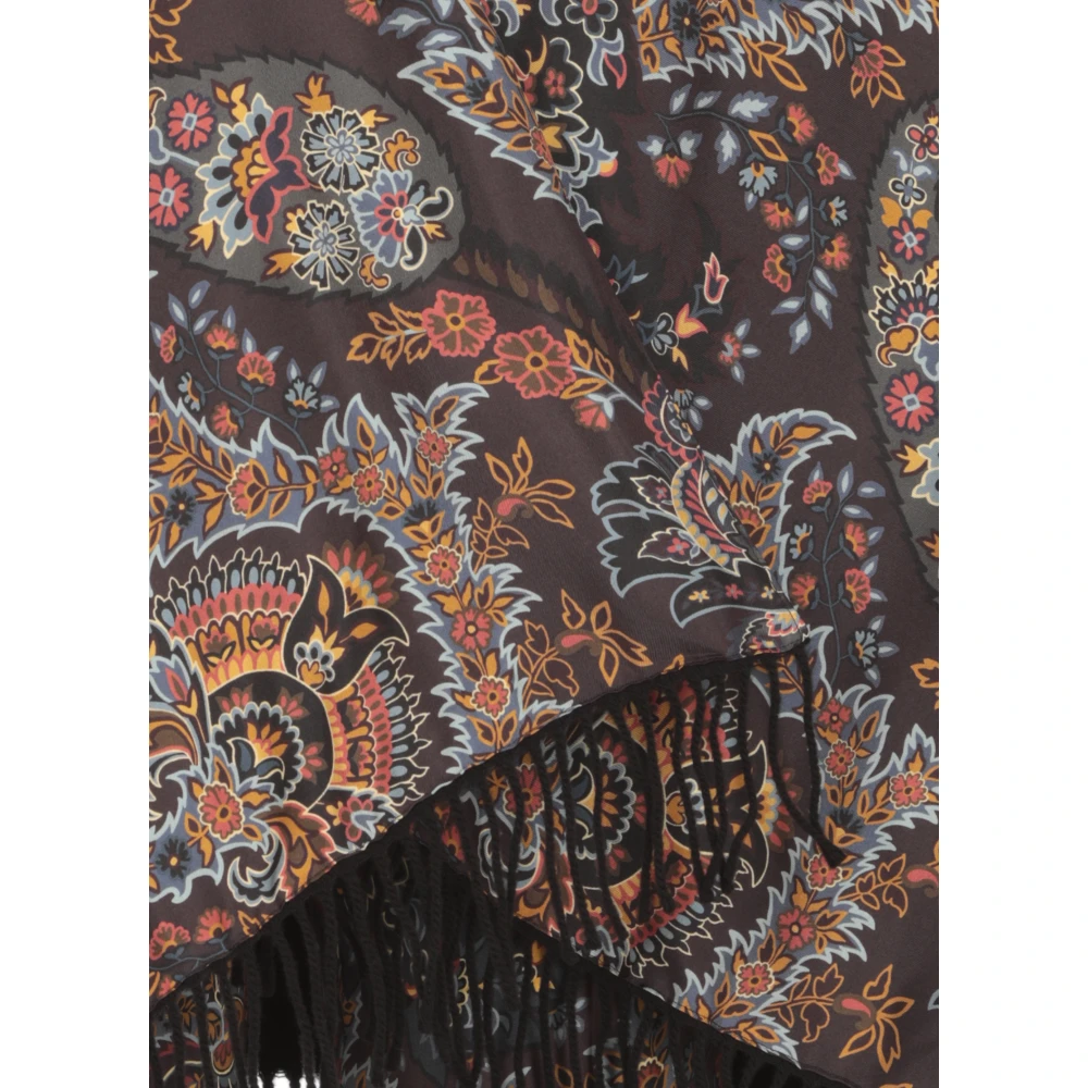 ETRO Zwarte Bloemenponcho met Franjes Multicolor Dames