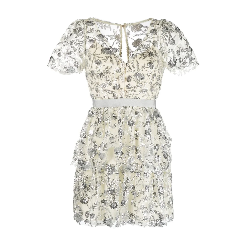 Self Portrait Elegante Pailletten Gelaagde Beige Mini Jurk Beige Dames