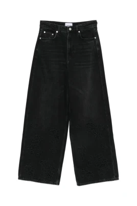 Jeans med blommigt broderi och vida ben