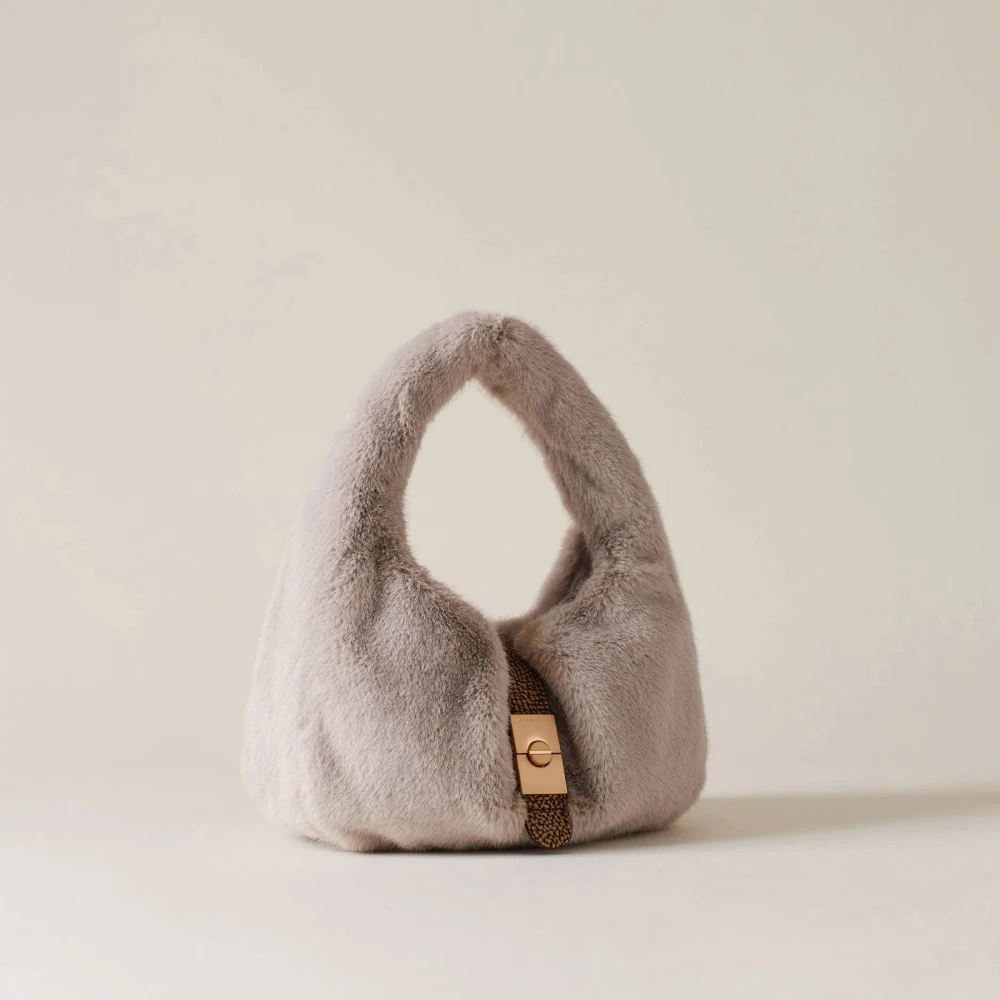Borbonese Beige Hobo Tas met Bont-Effect Stof Beige Dames
