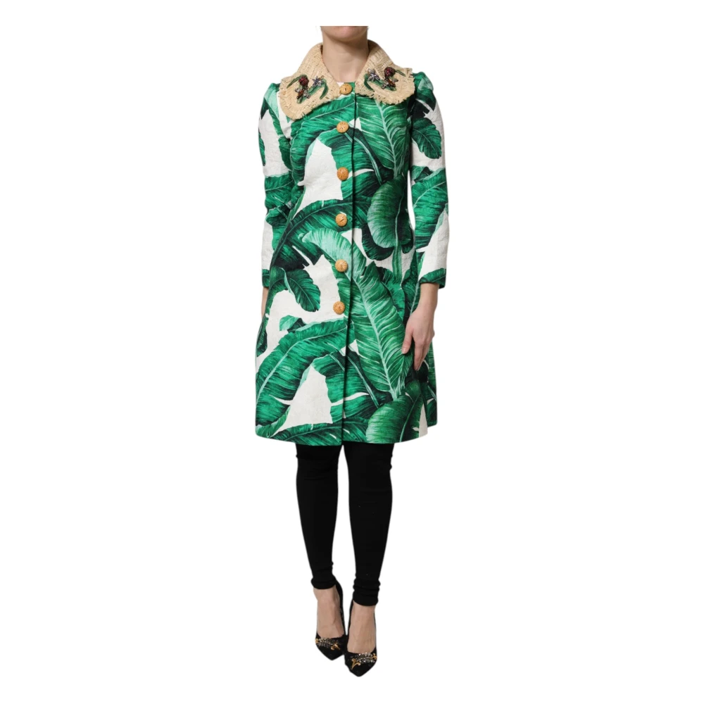 Dolce & Gabbana Women's Multicolor Single-Breasted Coats, 2XS, Leaf Print Trenchcoat Jacket