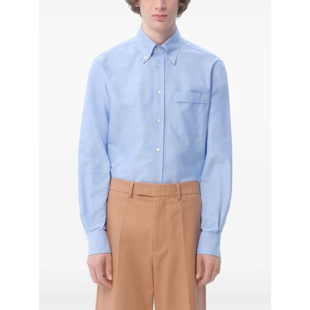 Valentino Blauw Geborduurd Logo Knoop-Down Overhemd Blue Heren