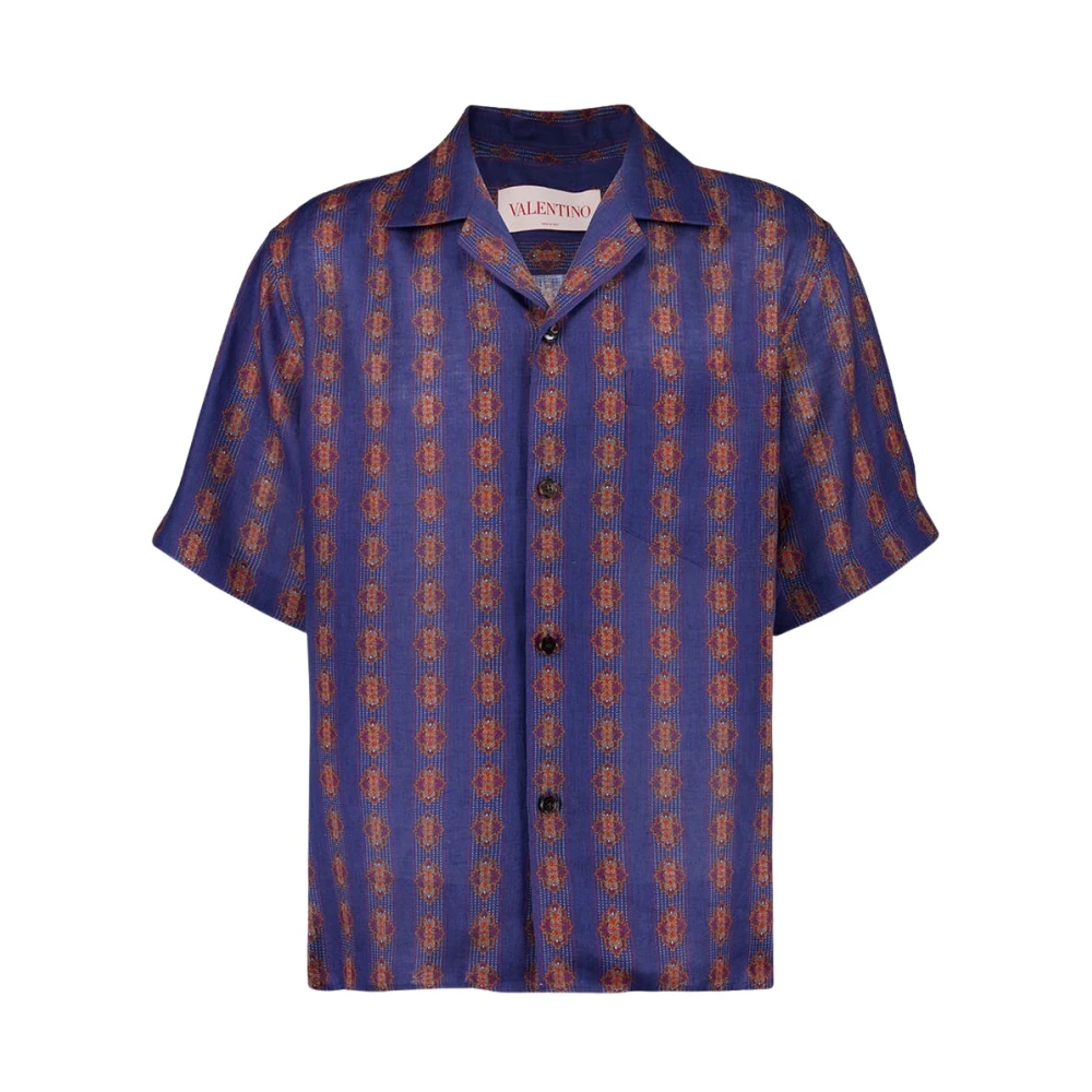 Valentino Garavani Men's Blue Linen Bowling Shirt With Voyage Imaginaire Print
