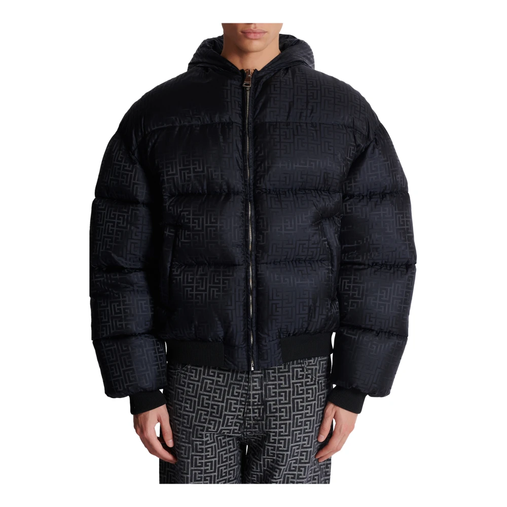 Balmain PB Labyrinth jacquard nylon puffer jack Black Heren