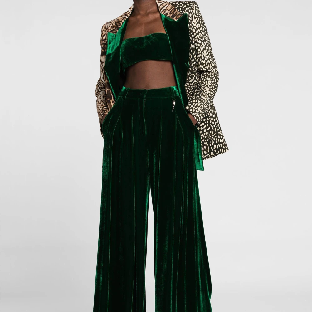 Roberto Cavalli Wijde fluwelen broek met tijgertand Green Dames