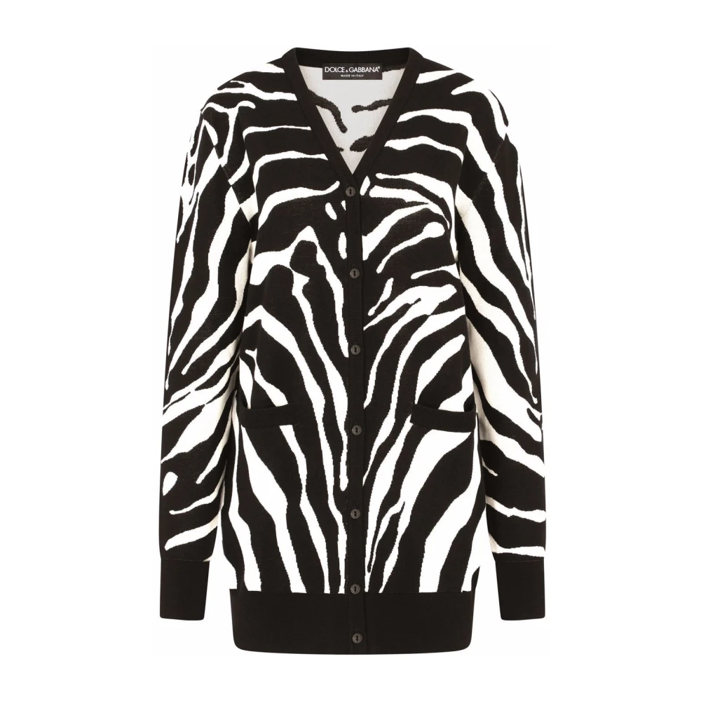 Dolce & Gabbana Zwarte Zebra Print Truien met V-Hals en Knoopsluiting Black Dames