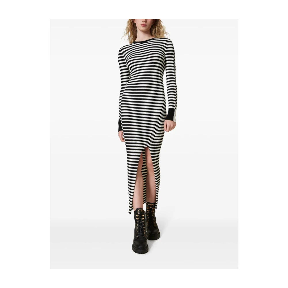Twinset Gestreepte Gebreide Jurk Zwart Black Dames