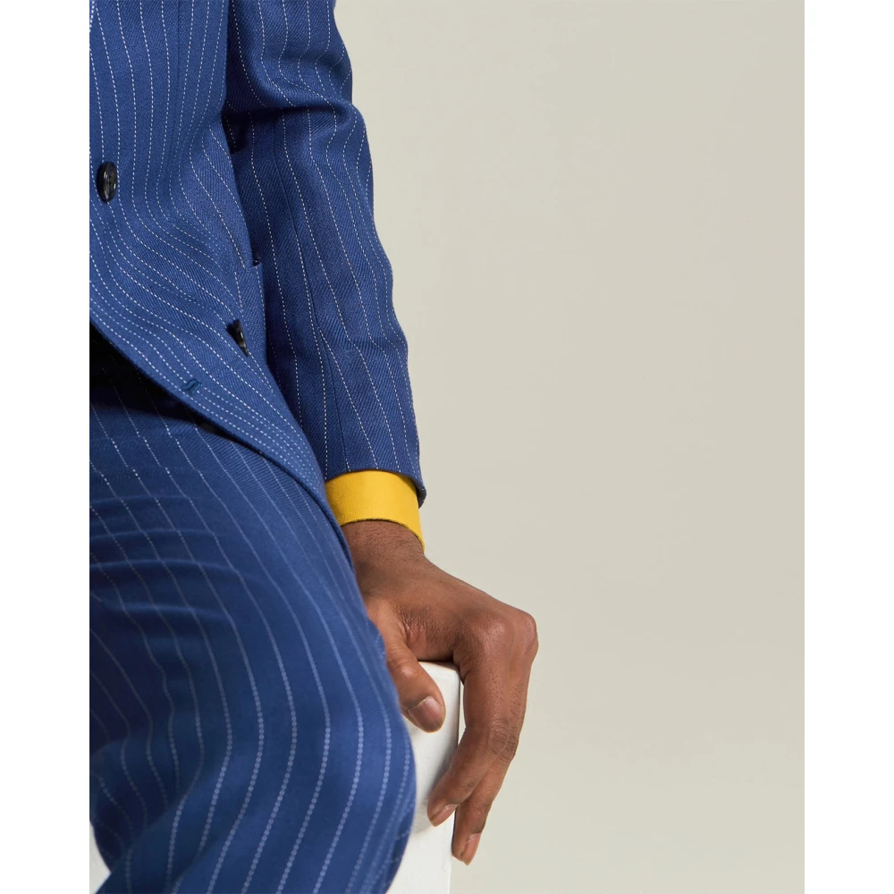 Kiton Pinstripe Double-Breasted Kasjmier Linnen Pak Blue Heren