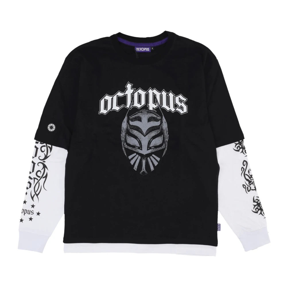 Octopus Zwarte longsleeve ronde hals T-shirt Black Heren