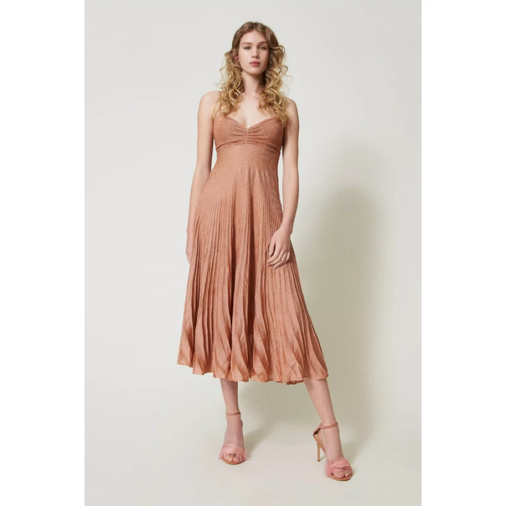 Twinset Lurexgaren Slipdress met Ruches en Plooien Brown Dames