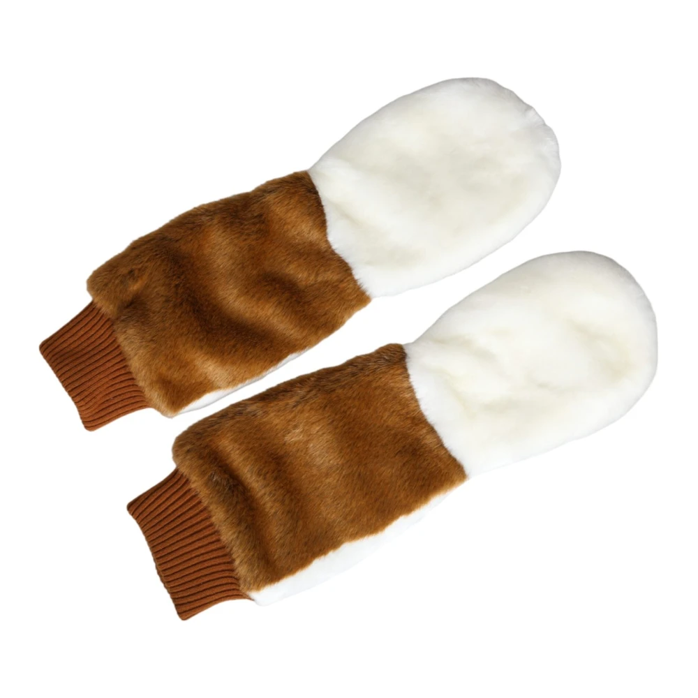 Dolce & Gabbana Brown Gloves, Female, One Size, Knit Fur Mitt Gloves White
