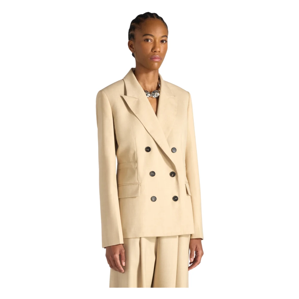 Liviana Conti Women's Beige Blazers, L, Double-Breasted Wool Gabardine Blazer