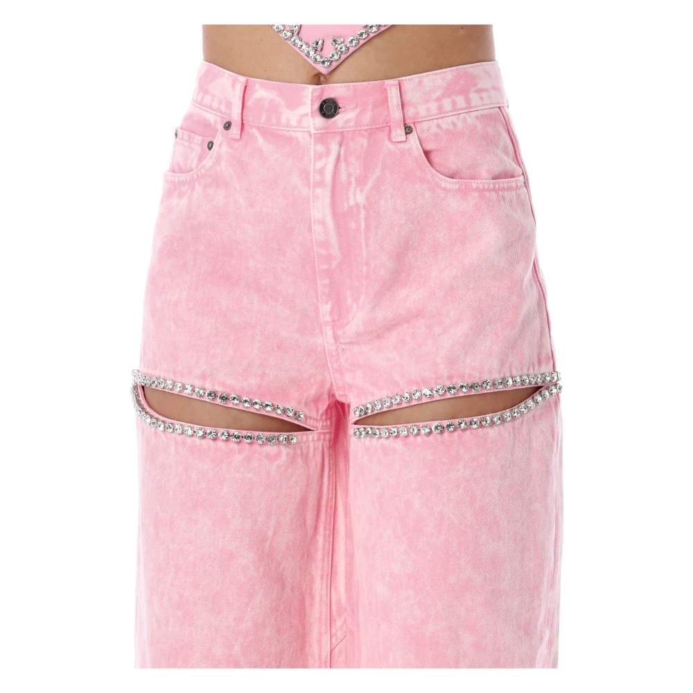 Area Crystal Slit Wide Denim Jeans Pink Dames