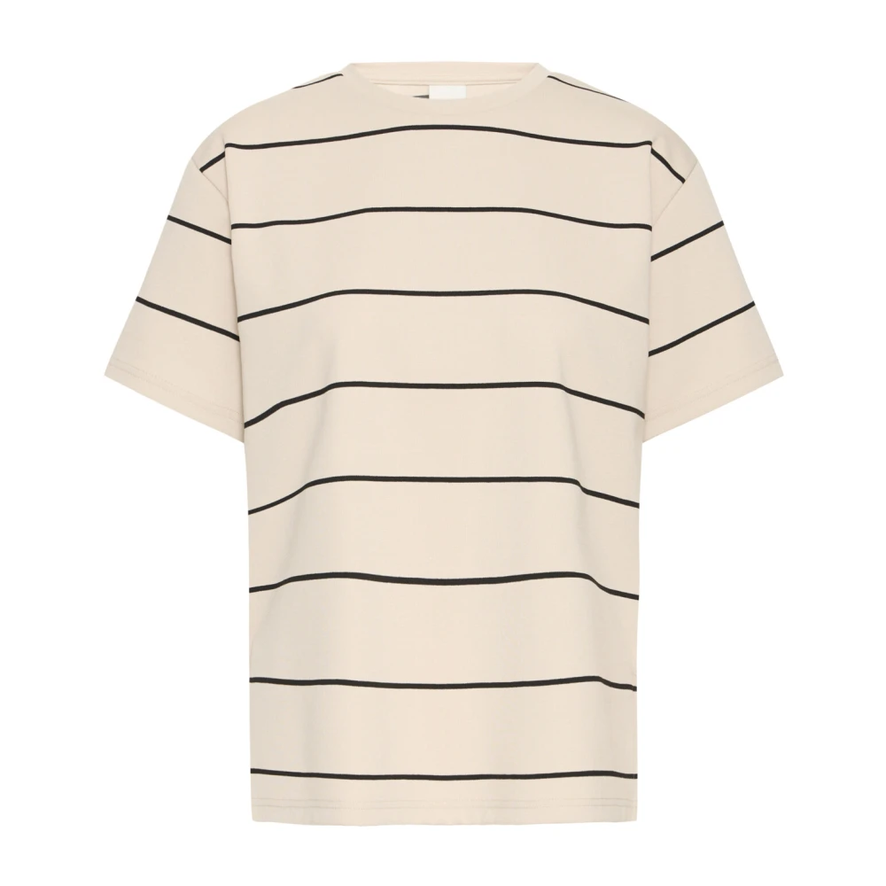 Ichi Gestreept T-shirt Top Korte Mouw Zacht Beige Dames