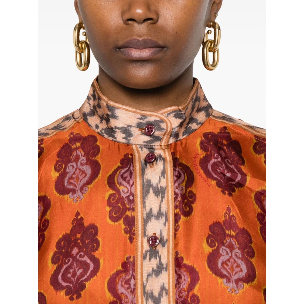 Zimmermann Satijnen Afwerking Ikat Print Lange Mouw Shirt Orange Dames