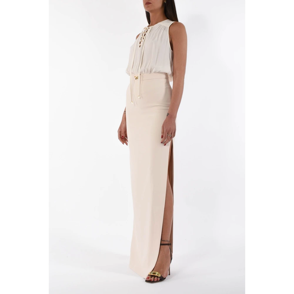 Elisabetta Franchi Lange Crêpe Jurk met Georgette Veters Beige Dames