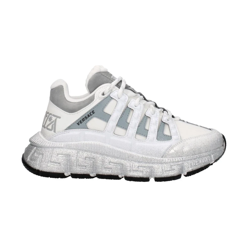 Versace Women's White Sneakers, 4 1/2 Uk, Fabric Logo Trainers With Lace-Up
