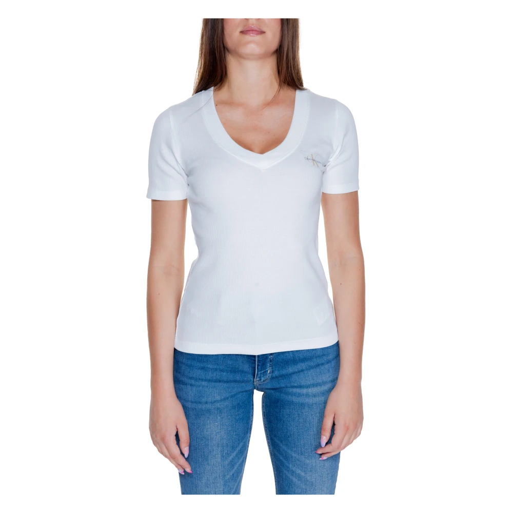 Calvin Klein Jeans Rib V-Neck T-Shirt Herfst Winter Collectie White Dames