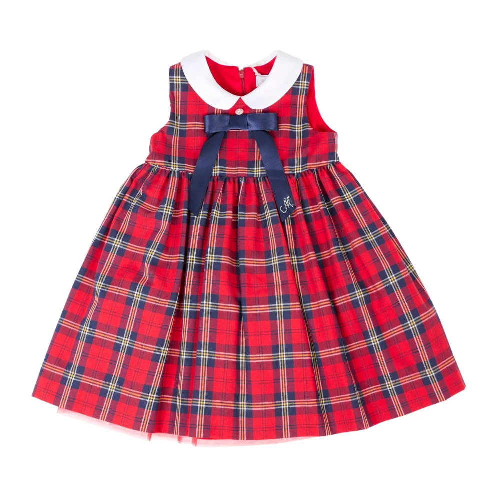Monnalisa Girls Red Dresses,, Tartan Sleeveless Dress With Blue Bow Medium