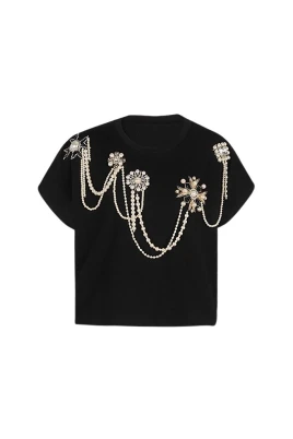 Kortärmad bomullst-shirt med gyllene broderi