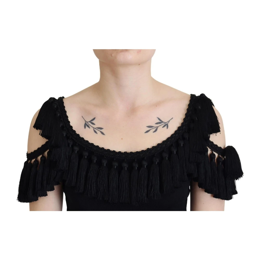 Dolce & Gabbana Geribbelde tanktop met kwast Zwart Black Dames