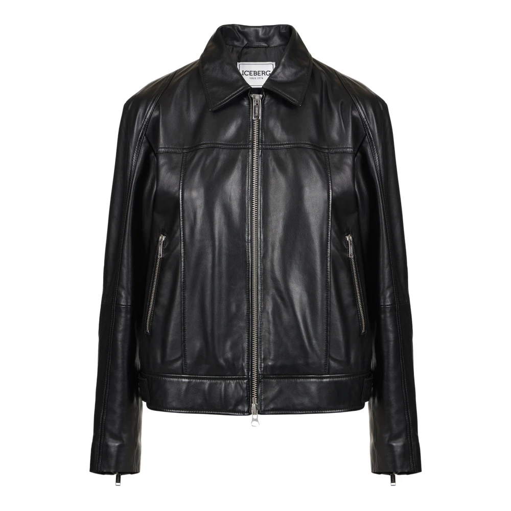 Iceberg Zwarte leren jas met biker details Milano Italia logo Black Dames