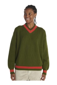 Zielony Sweter z Dekoltem w serek i Kontrastującym Wykończeniem