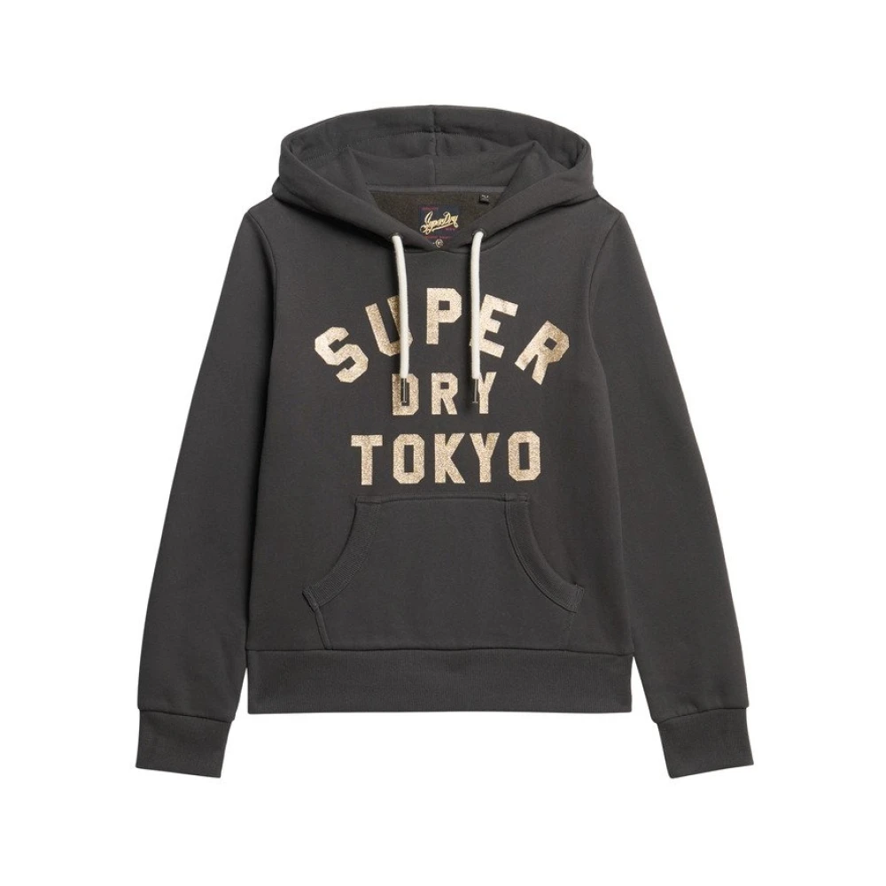 Superdry Women's Black Hoodies, L, Glitter Graphic Logo Hoodie